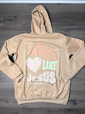 Beige Neutral Oversized Hoodie - Love Like Jesus Bible Verse Graphic Retro Y2K M